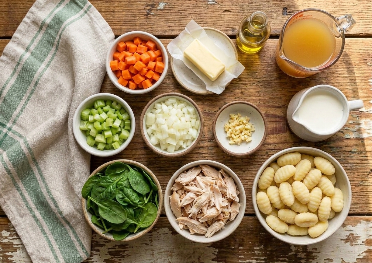 Butter, olive oil, diced carrots, diced celery, diced onion, minced garlic, chicken broth, half-and-half, cooked shredded chicken, potato gnocchi, and baby spinach arranged on a kitchen counter