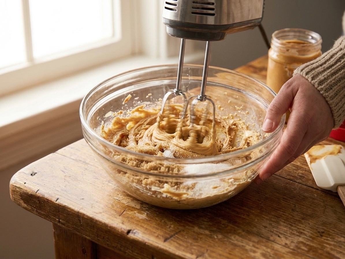Butter, peanut butter, and sugars being creamed together in a mixing bowl with a hand mixer, on a tidy kitchen counter