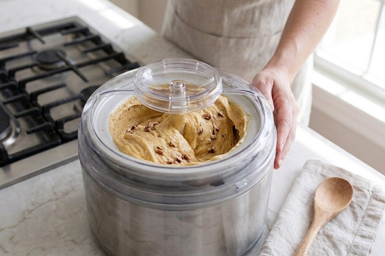 Butter pecan ice cream base churning inside a countertop ice cream maker with a creamy soft-serve texture forming