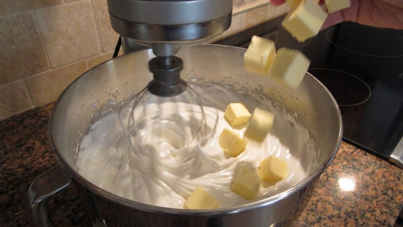 Butter pieces being added to a stand mixer bowl of glossy meringue while the mixer runs, home kitchen counter in the background