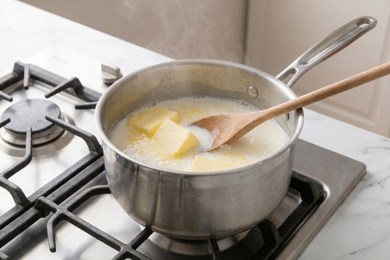 Butter pieces melting into milk and water in a saucepan on a stovetop just as the mixture begins to simmer