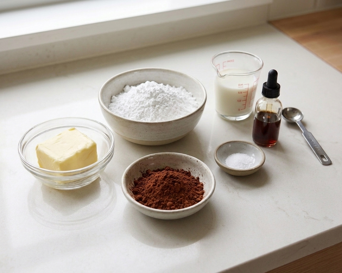 Butter, powdered sugar, cocoa powder, vanilla extract, milk, and salt measured and arranged on a clean kitchen counter in bright natural light