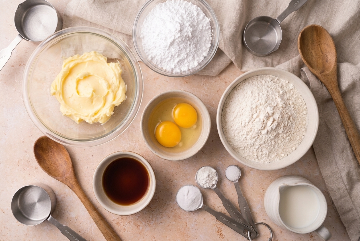 Butter, powdered sugar, eggs, vanilla, flour, baking soda, cream of tartar, salt, and milk measured out on a light kitchen counter with mixing bowls and measuring cups