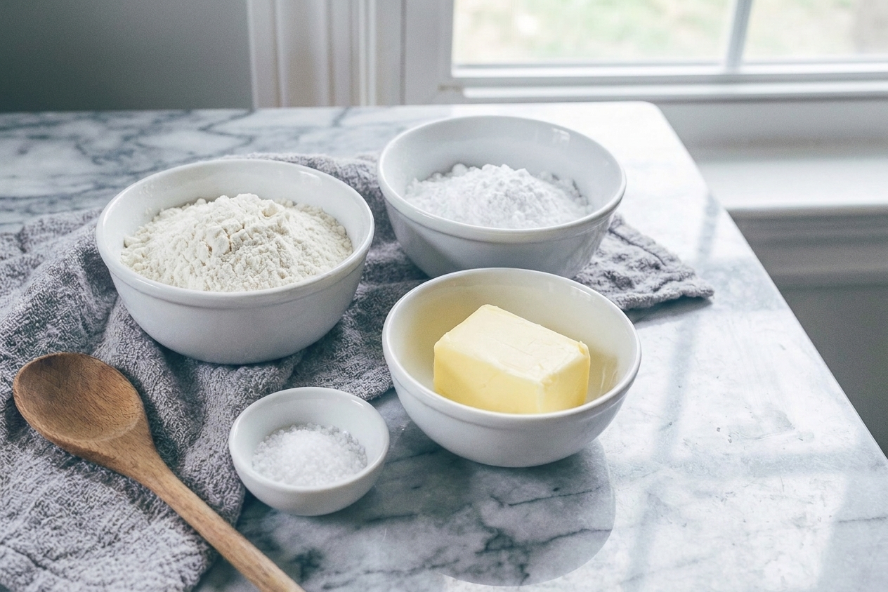 Butter, powdered sugar, flour, and salt measured in bowls on a light stone kitchen counter with a wooden spoon nearby