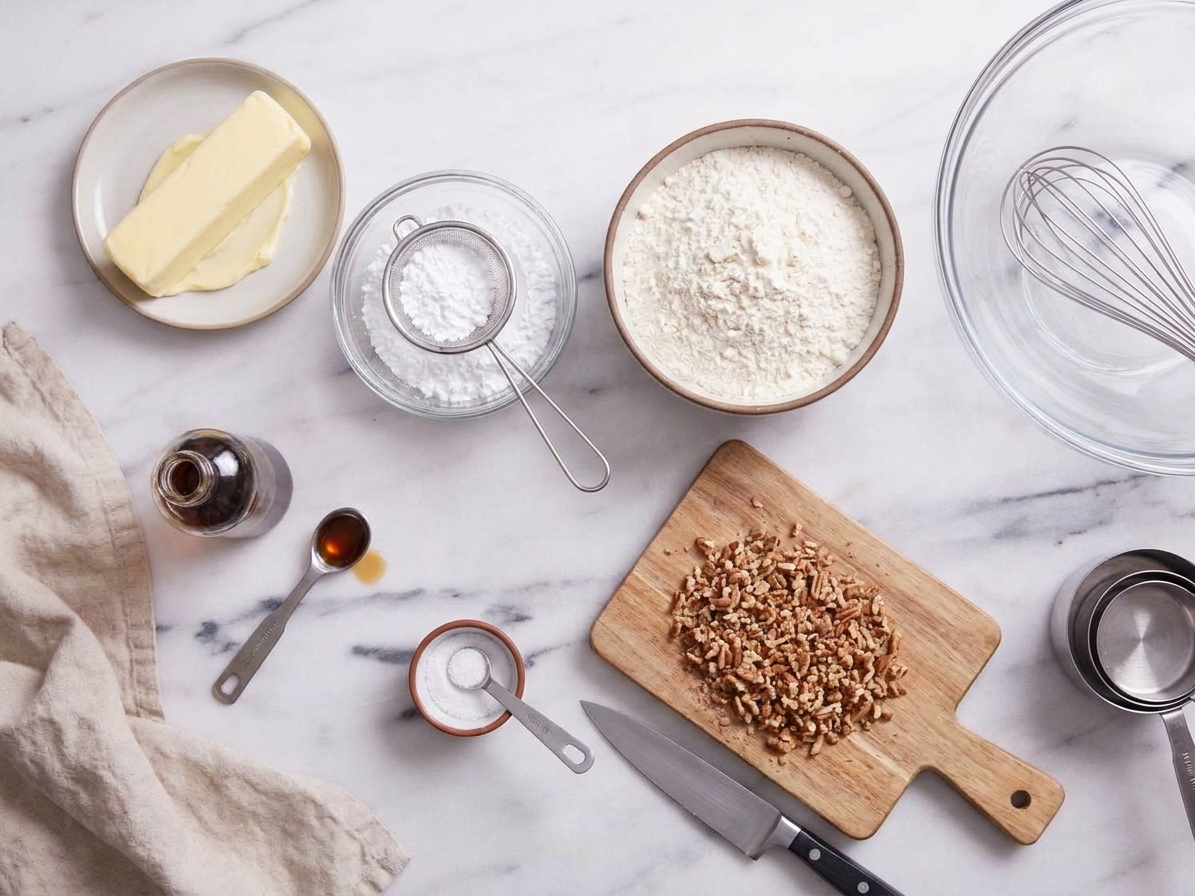 Butter, powdered sugar, flour, chopped pecans, vanilla, and salt measured on a tidy kitchen counter with mixing bowls nearby
