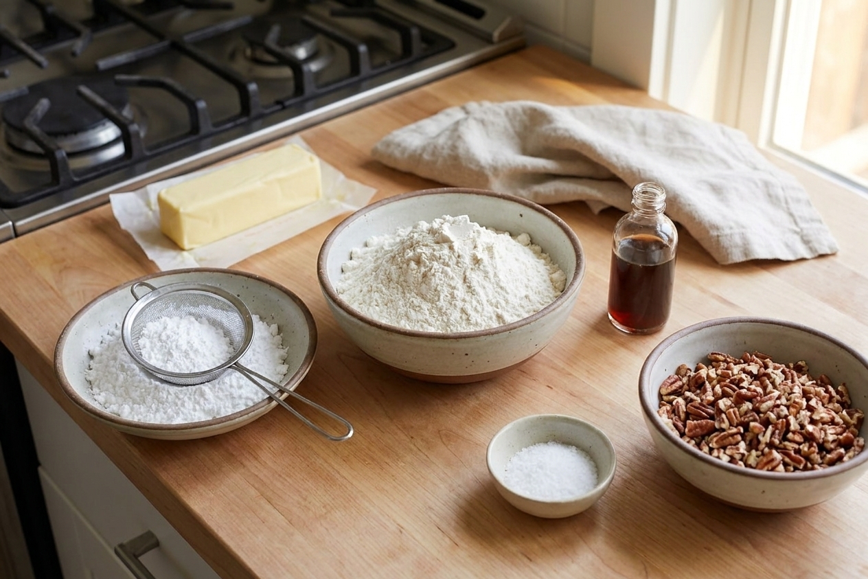 Butter, powdered sugar, flour, vanilla, salt, and a bowl of chopped pecans arranged on a tidy kitchen counter in warm natural light