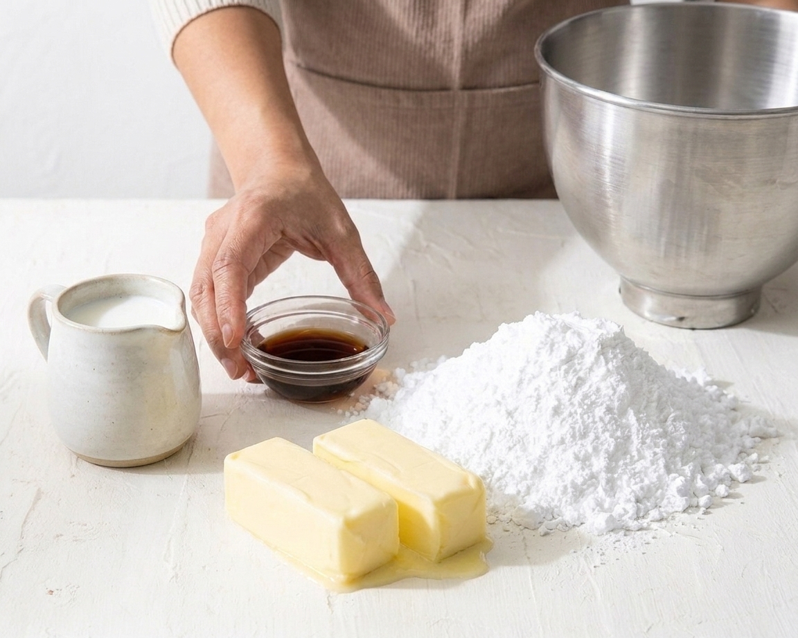 Butter, powdered sugar, vanilla, and milk measured on a clean kitchen counter with a stand mixer bowl nearby