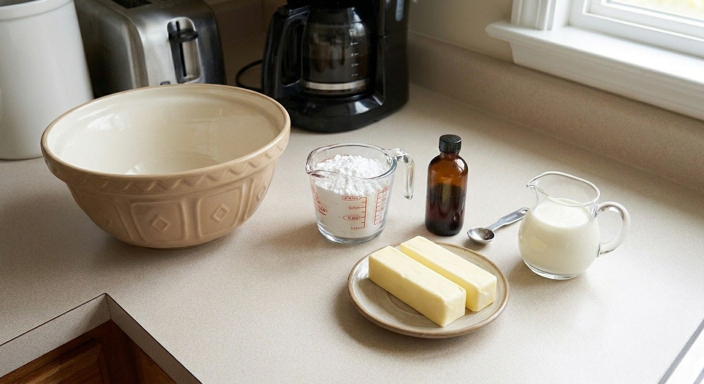Butter, powdered sugar, vanilla extract, and heavy cream measured on a clean kitchen counter next to a mixing bowl