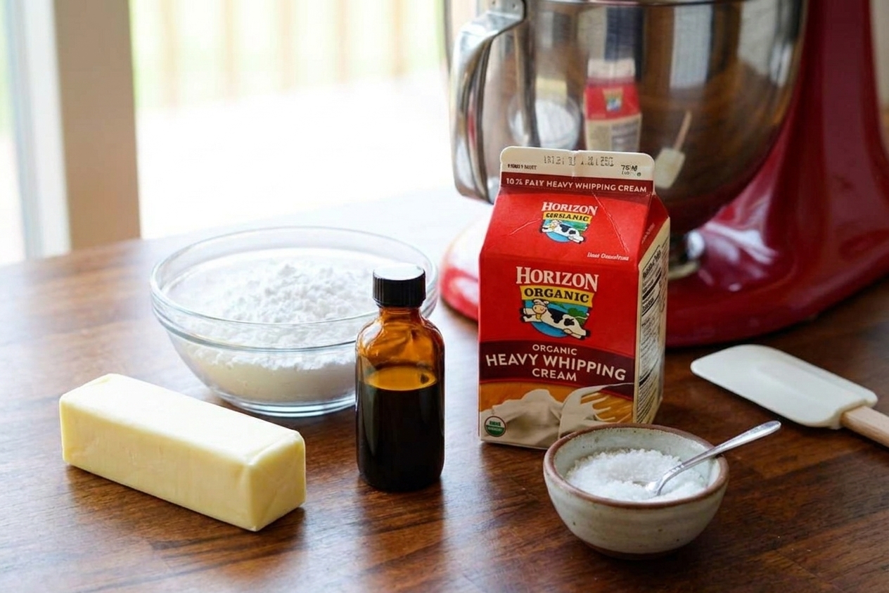 Butter, powdered sugar, vanilla extract, heavy cream, and a small bowl of salt arranged on a clean kitchen counter in bright natural light