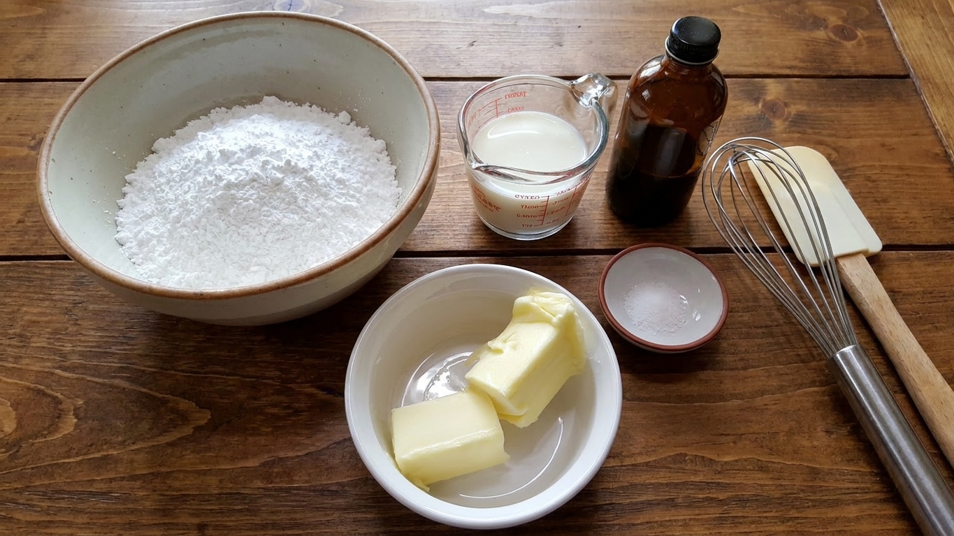Butter, powdered sugar, vanilla extract, milk, and salt measured on a clean kitchen counter, ready to make buttercream icing