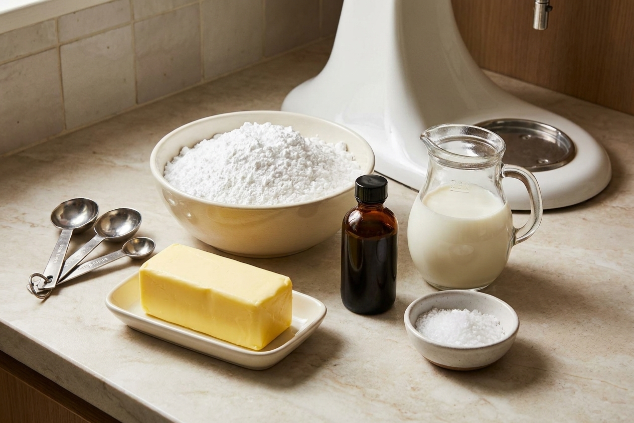 Butter, powdered sugar, vanilla extract, milk, and salt arranged on a kitchen counter with measuring spoons and a stand mixer nearby