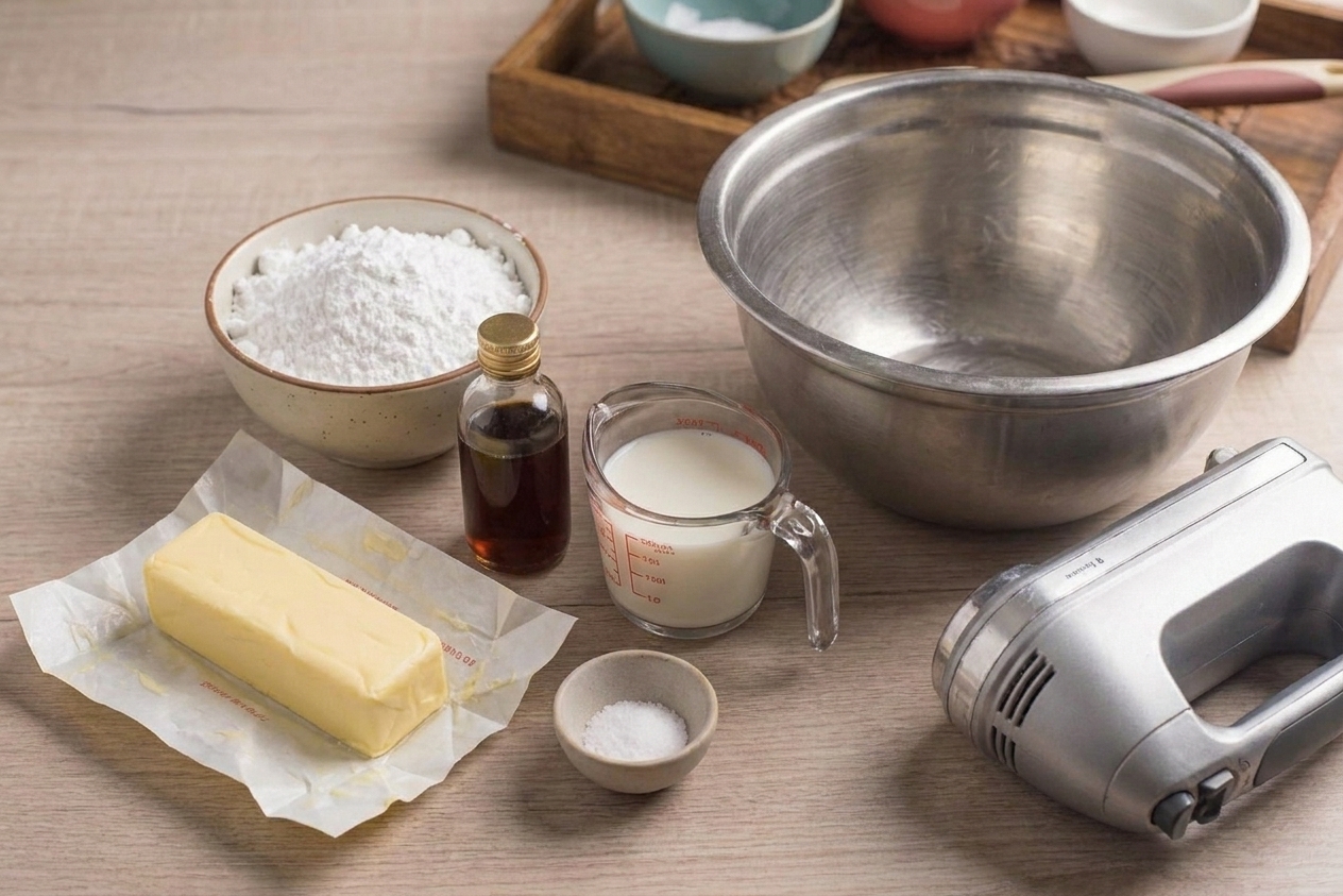 Butter, powdered sugar, vanilla extract, milk, and salt measured on a tidy kitchen counter with a mixing bowl and hand mixer nearby