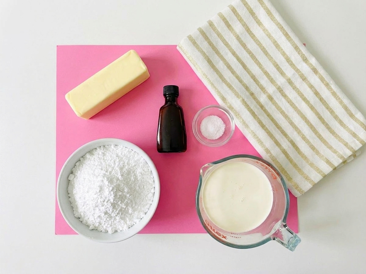 Butter, powdered sugar, vanilla extract, salt, and heavy cream measured and ready to use