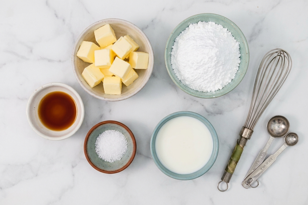 Butter, powdered sugar, vanilla extract, salt, and milk measured in bowls on a kitchen counter for making vanilla buttercream