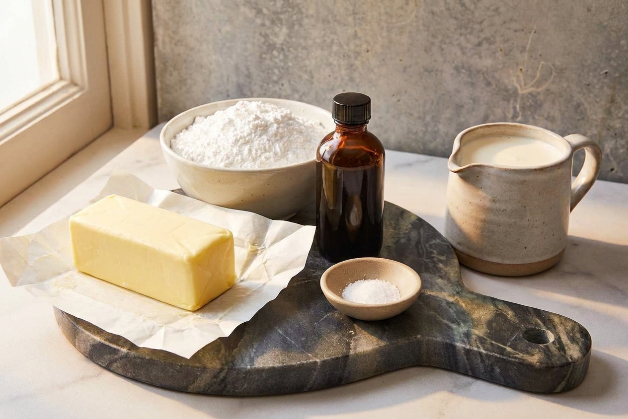 Butter, powdered sugar, vanilla, salt, and a small pitcher of cream arranged on a clean kitchen counter in warm natural light