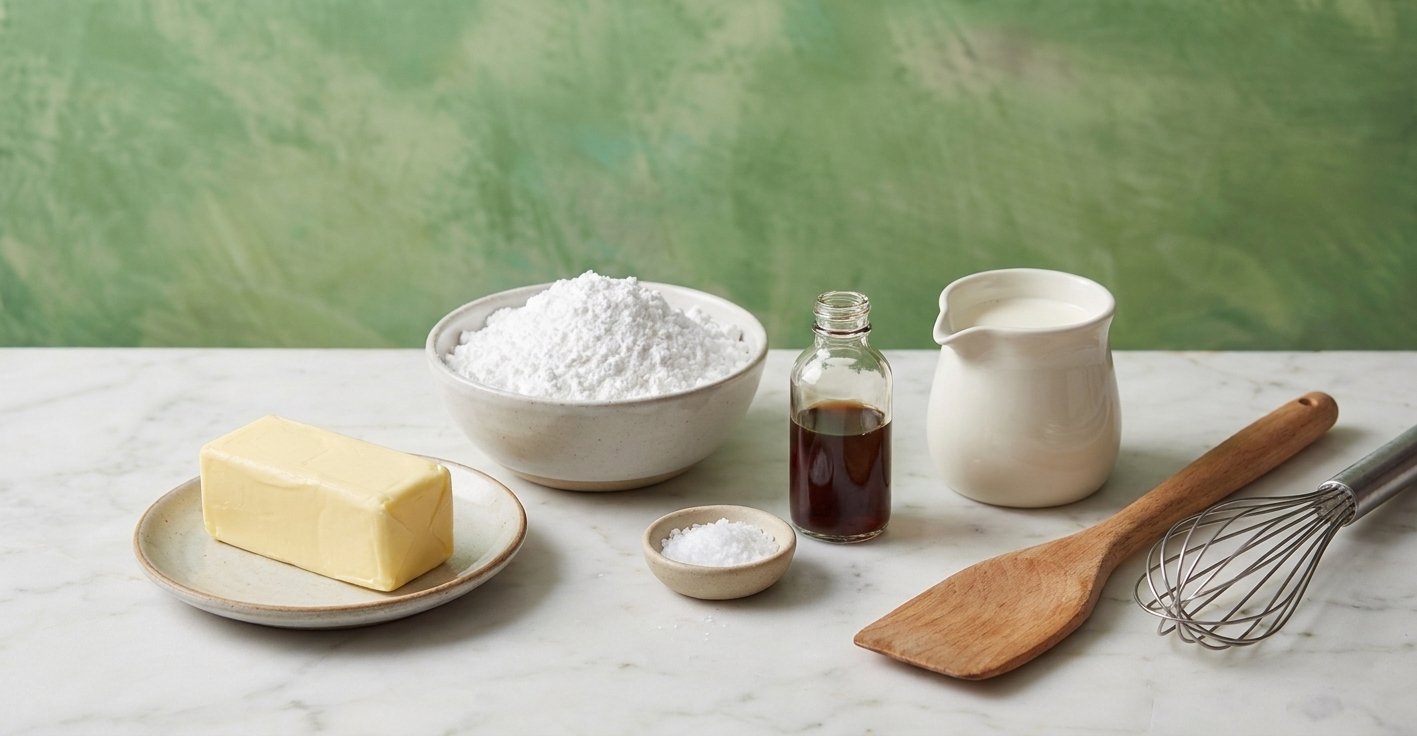 Butter, powdered sugar, vanilla, salt, and cream arranged on a kitchen counter for making buttercream