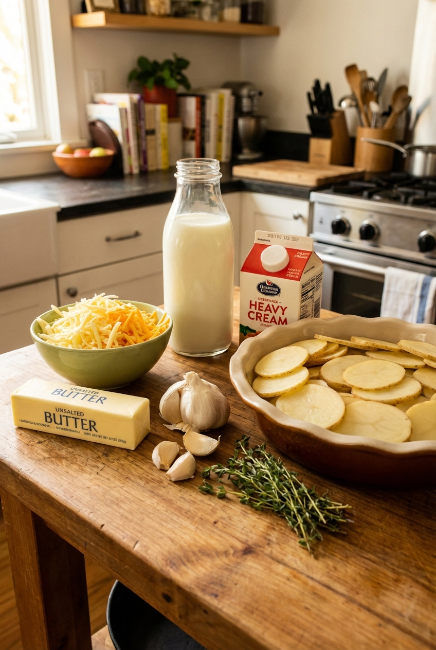 Butter, shredded cheeses, milk, cream, garlic, thyme, and sliced potatoes arranged on a kitchen counter
