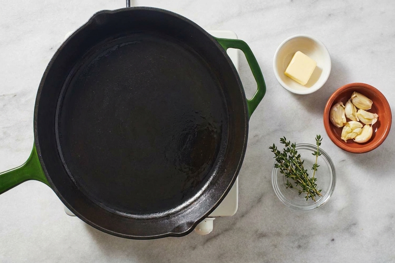 Butter, smashed garlic cloves, and thyme sprigs prepped in small bowls beside a cast-iron skillet on a kitchen counter