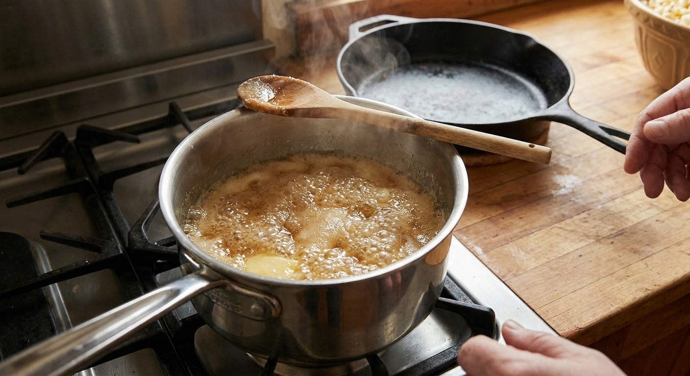 Butter, sugar, and corn syrup bubbling in a saucepan on a stovetop with a wooden spoon resting on the rim