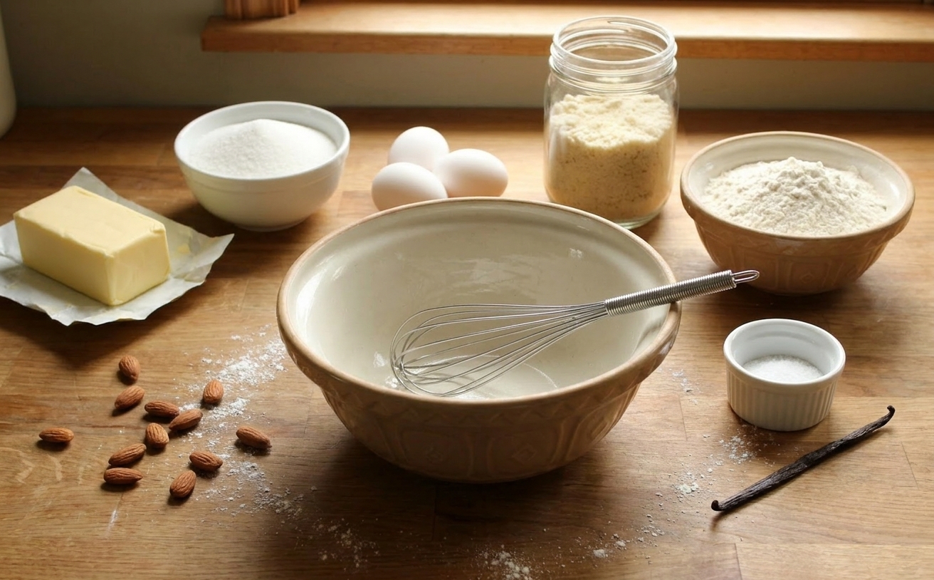 Butter, sugar, eggs, almond flour, flour, salt, and vanilla arranged on a bright kitchen counter with a mixing bowl and whisk