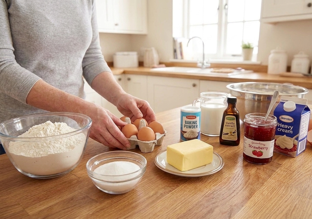 Butter, sugar, eggs, flour, baking powder, milk, vanilla, strawberry jam, and heavy cream arranged on a tidy kitchen counter with warm natural light