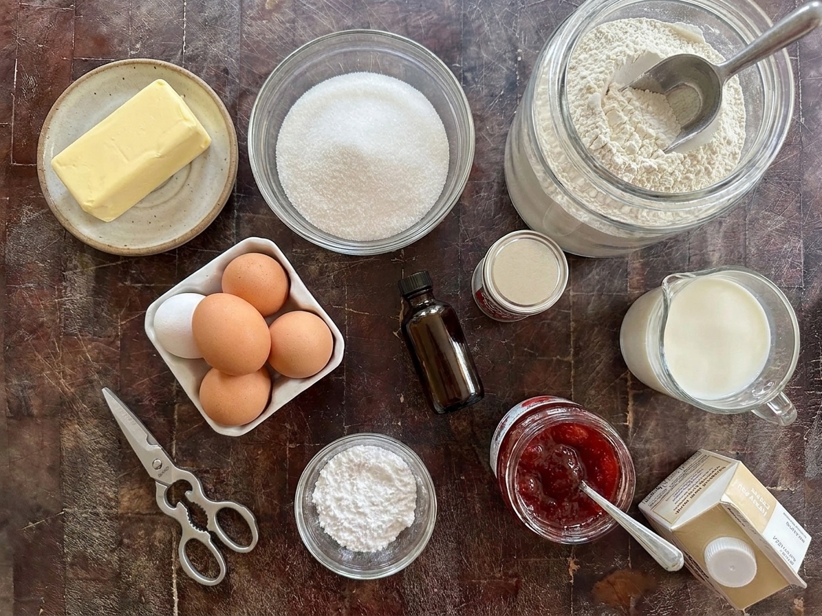 Butter, sugar, eggs, flour, baking powder, vanilla, milk, strawberry jam, and heavy cream arranged on a clean kitchen counter in natural light