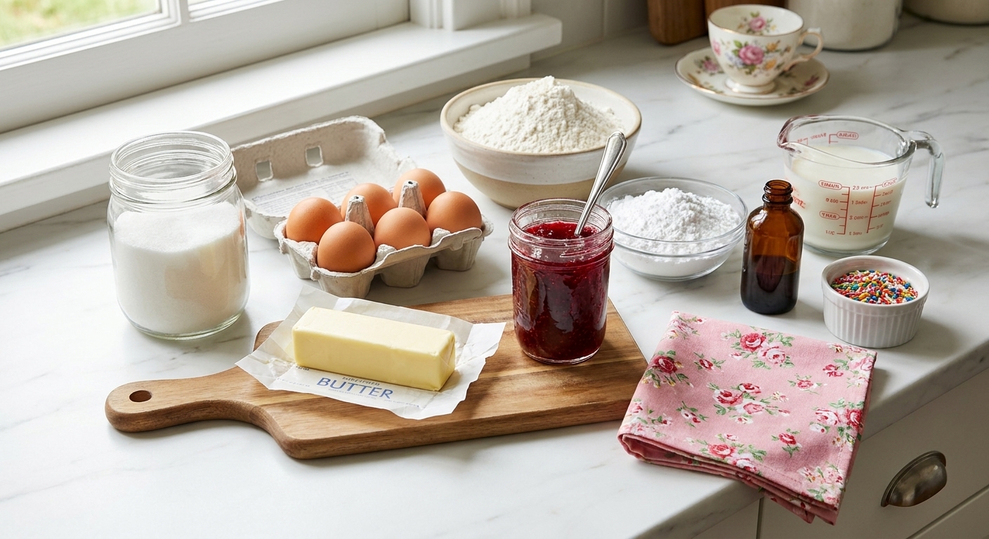 Butter, sugar, eggs, flour, jam, powdered sugar, vanilla, milk, and a small bowl of sprinkles arranged on a bright kitchen counter