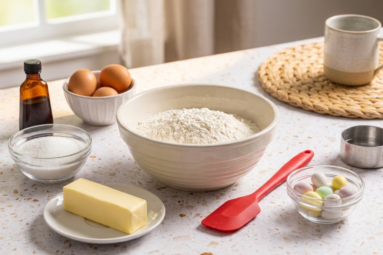 Butter, sugar, eggs, flour, vanilla, and a bowl of pastel mini eggs arranged on a bright kitchen counter