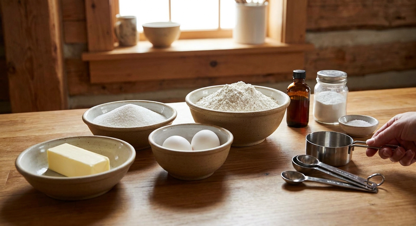Butter, sugar, eggs, flour, vanilla, baking powder, and salt arranged with measuring cups