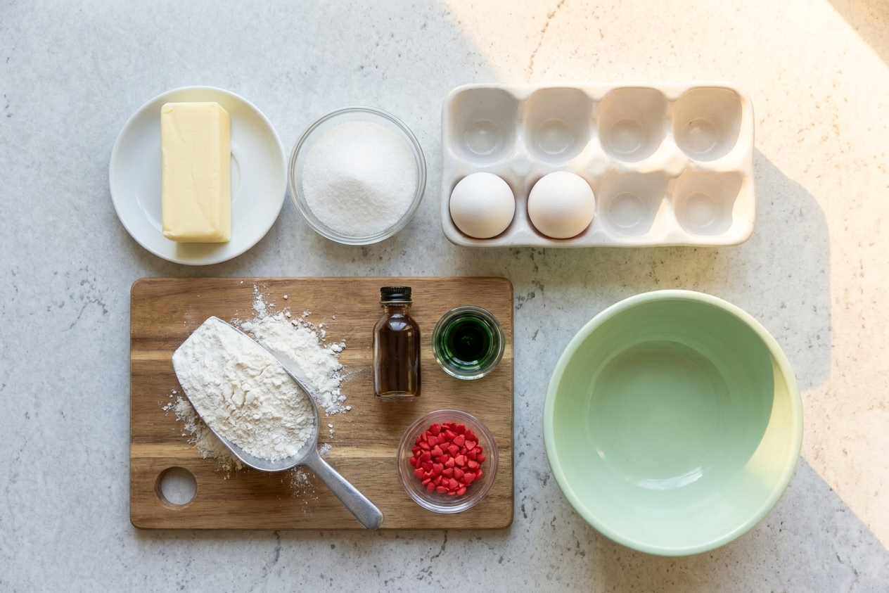 Butter, sugar, eggs, flour, vanilla, green food coloring, and red heart sprinkles arranged on a clean kitchen countertop in warm light