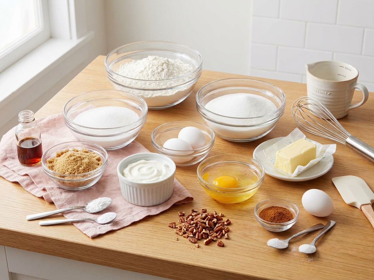 Butter, sugar, eggs, sour cream, flour, baking powder, baking soda, salt, vanilla, brown sugar, cinnamon, and chopped pecans laid out for baking on a clean counter