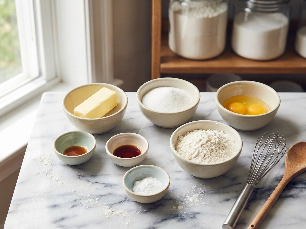 Butter, sugar, eggs, vanilla, flour, and baking powder measured out in small bowls on a kitchen counter, ready to make sugar cookie dough