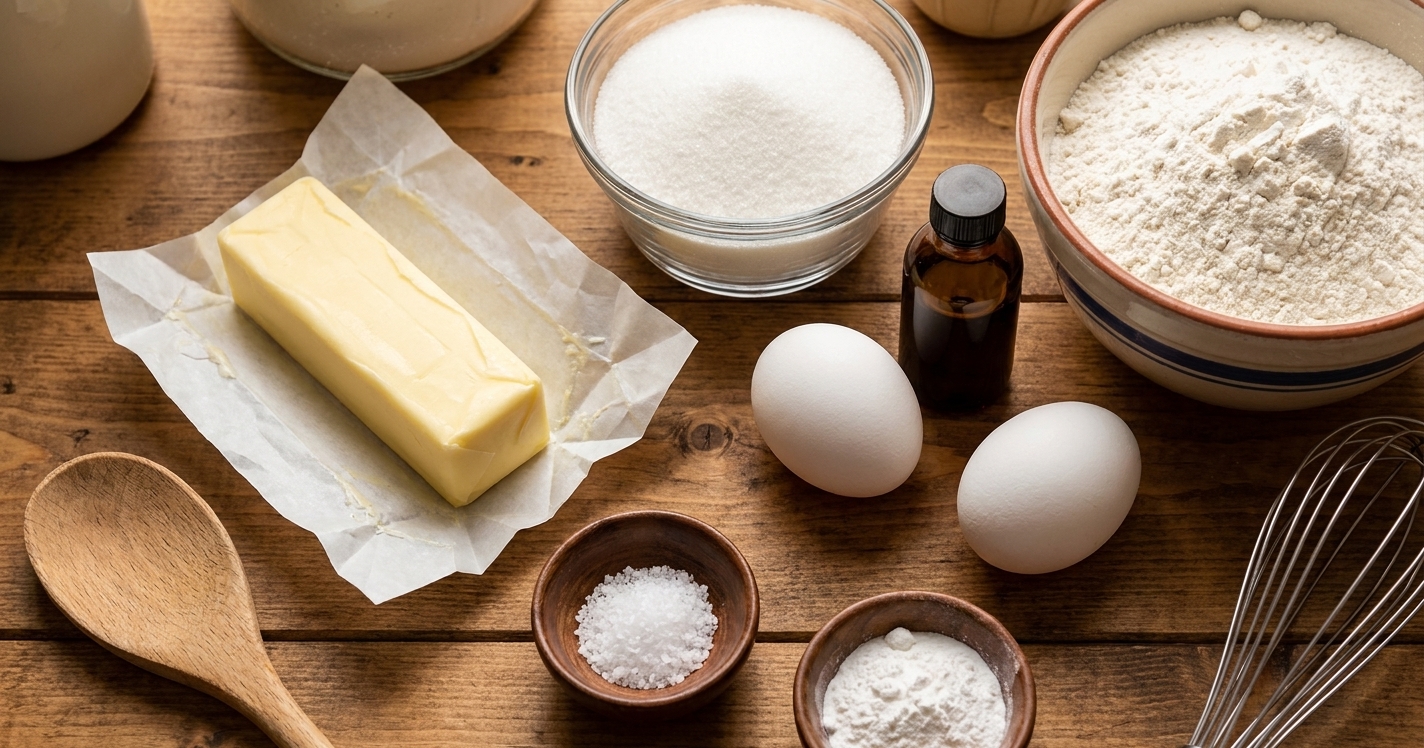 Butter, sugar, flour, eggs, vanilla, and small bowls of salt and baking powder arranged on a clean kitchen counter with warm lighting