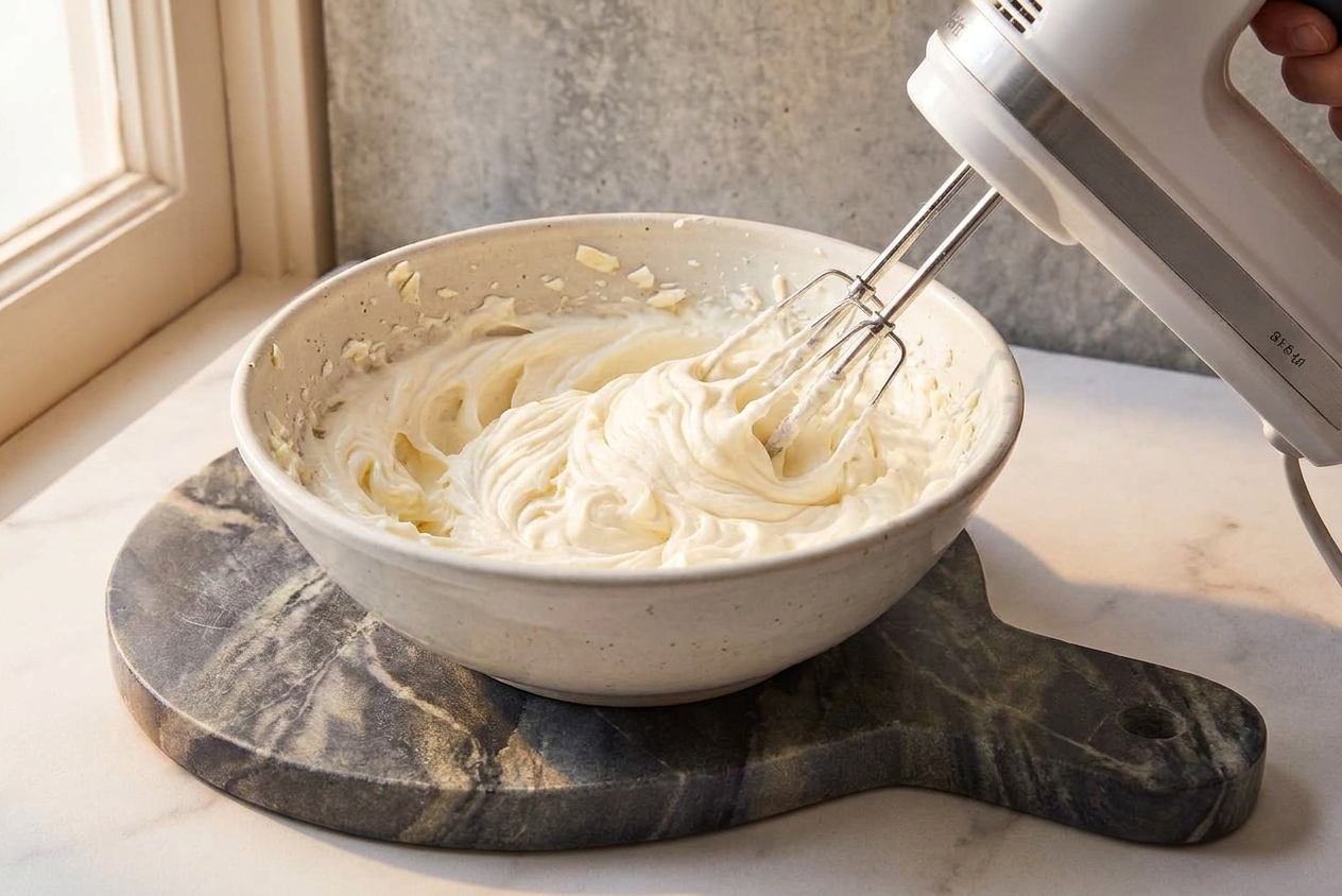 Butter whipped until pale and fluffy in a mixing bowl on a clean kitchen counter