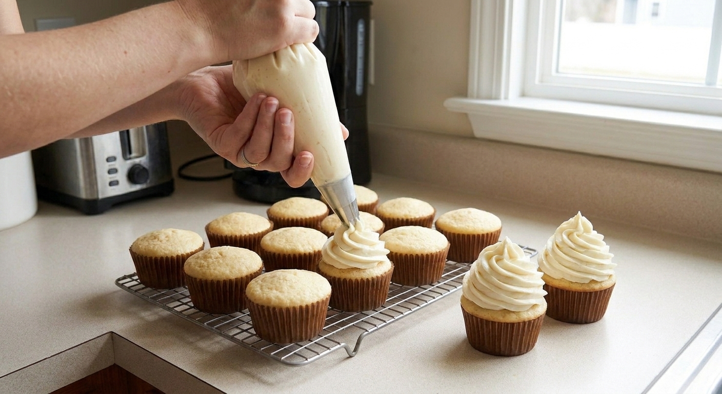 Buttercream being piped into a tall swirl onto cupcakes on a bright kitchen counter