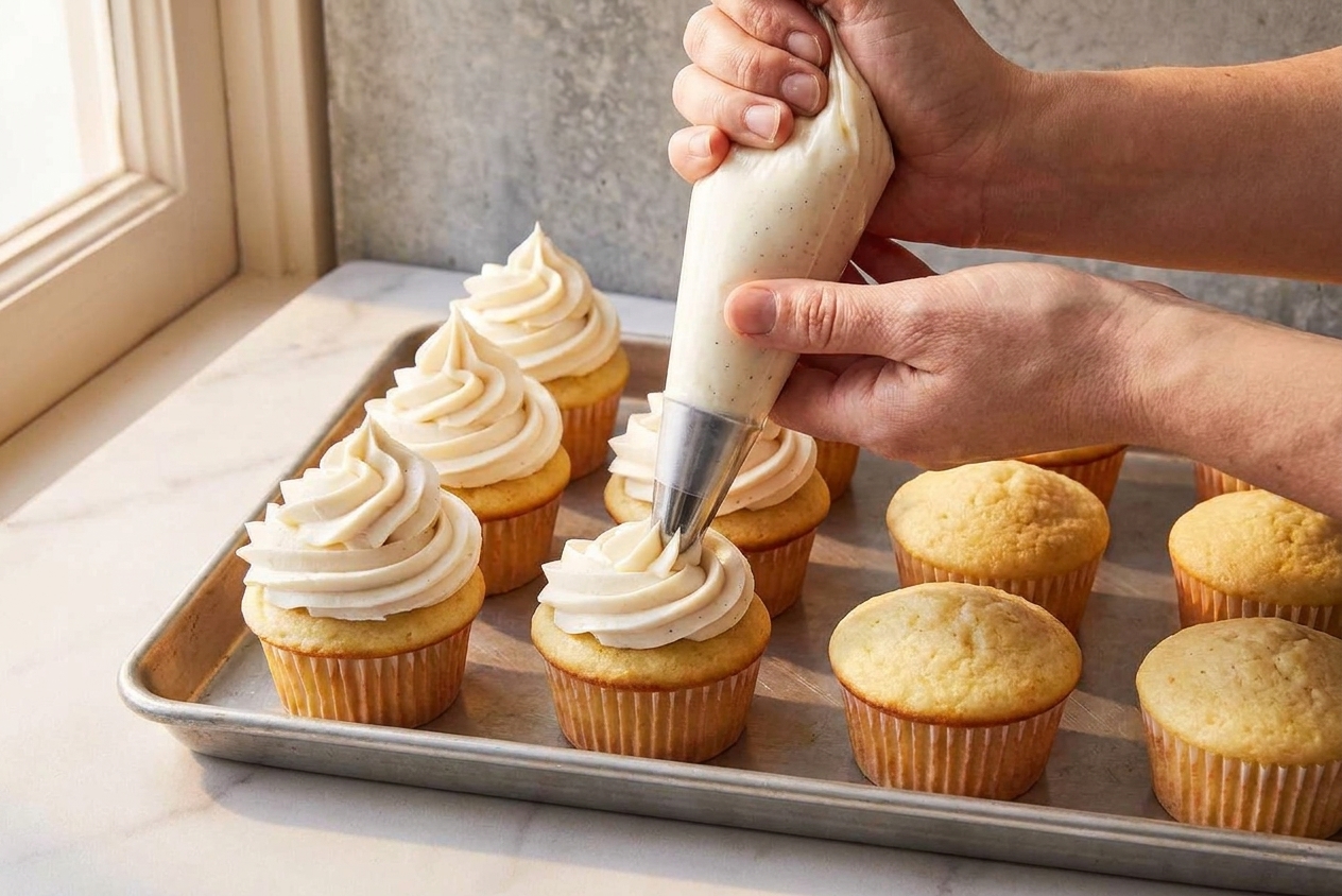 Buttercream being piped into tall swirls onto cupcakes arranged on a baking sheet in a bright home kitchen
