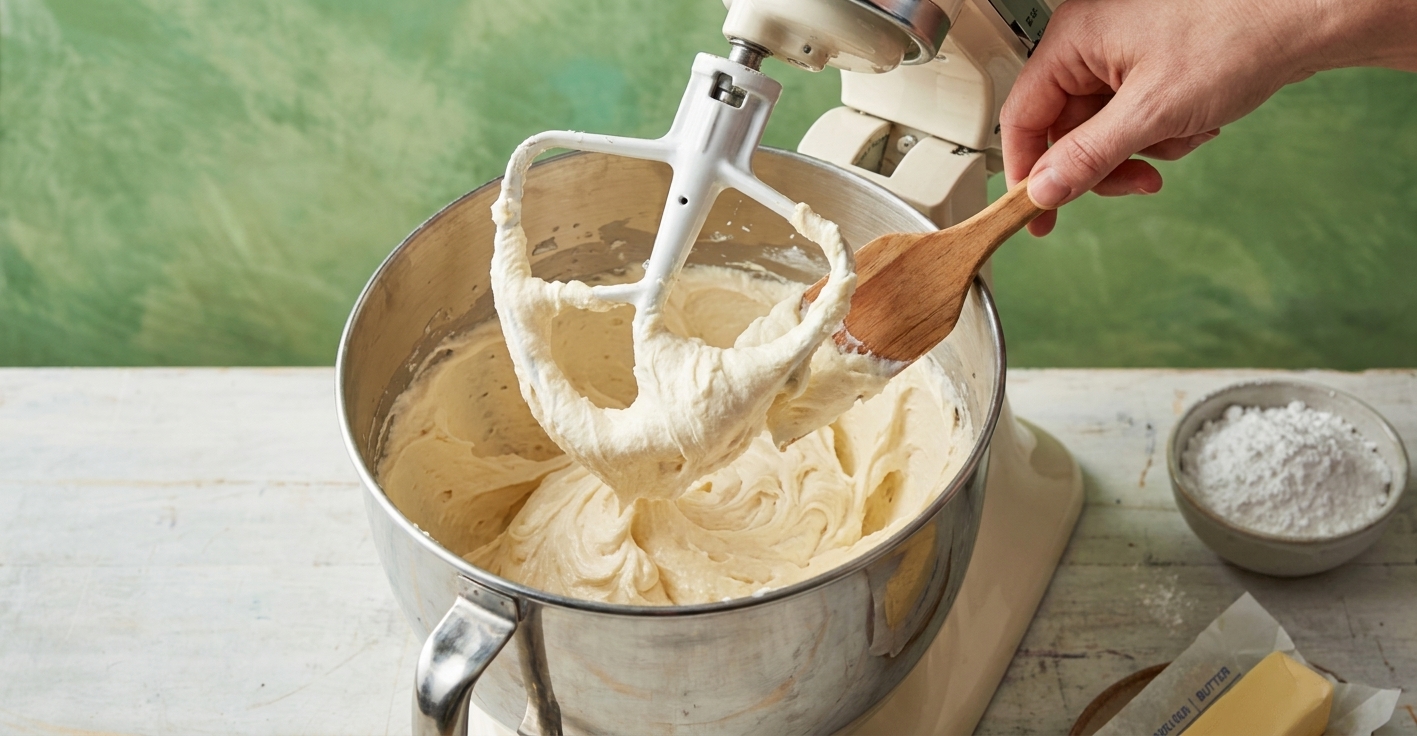 Buttercream being whipped in a stand mixer bowl with a paddle attachment on a home kitchen counter