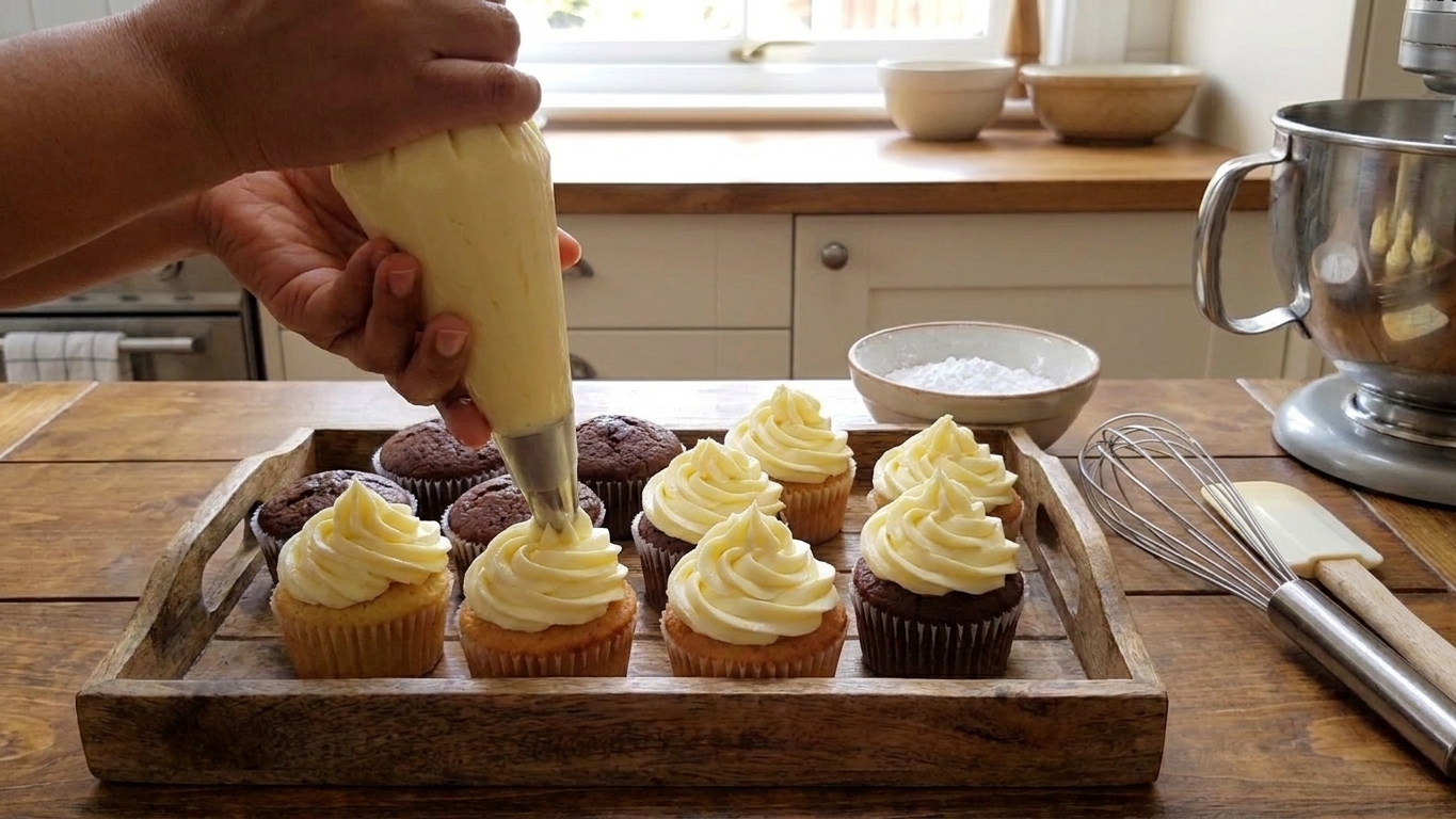 Buttercream icing being piped in tall swirls onto a tray of cupcakes on a kitchen counter
