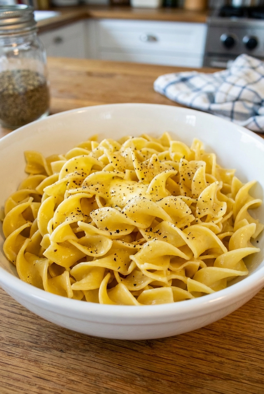 Buttered egg noodles in a bowl with black pepper