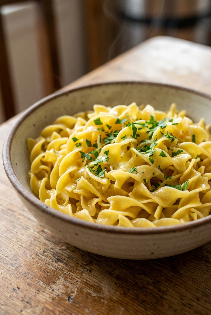 Buttered egg noodles in a bowl with chopped parsley