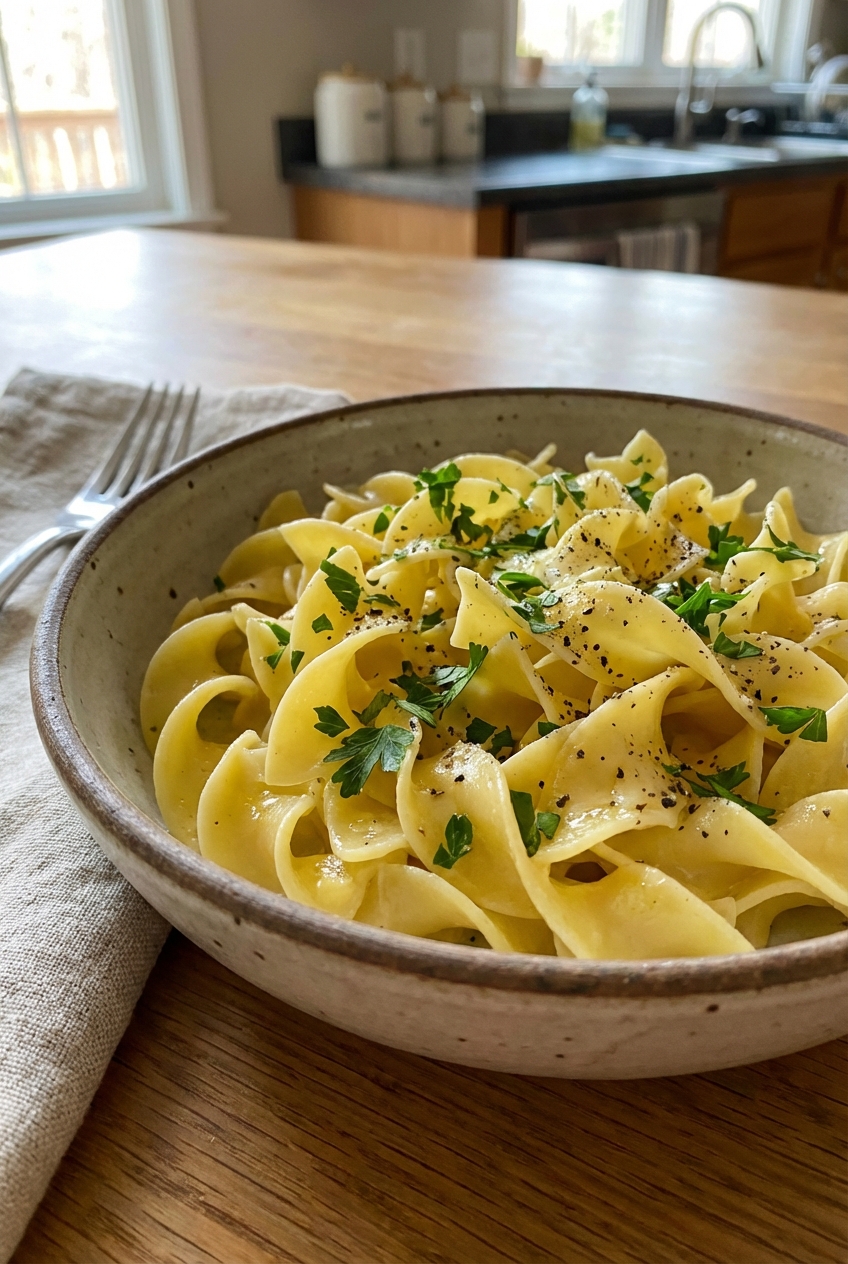 Buttered egg noodles in a bowl with chopped parsley