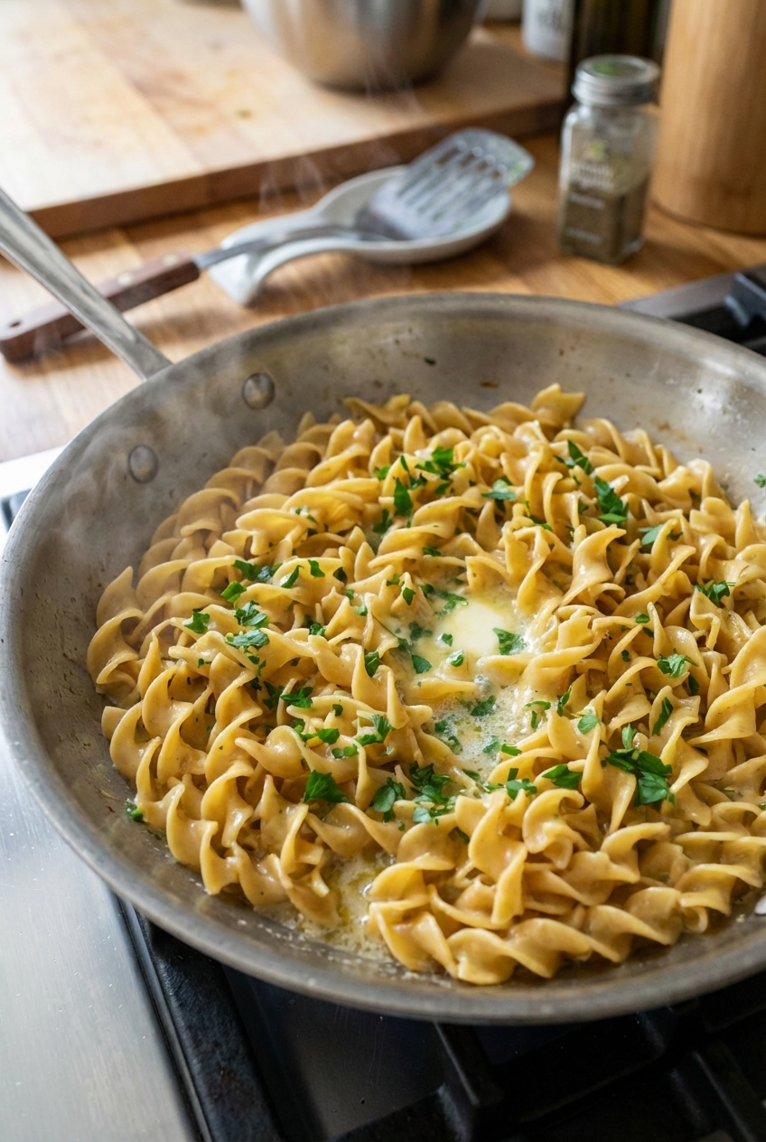 Buttered egg noodles in a pan with chopped parsley