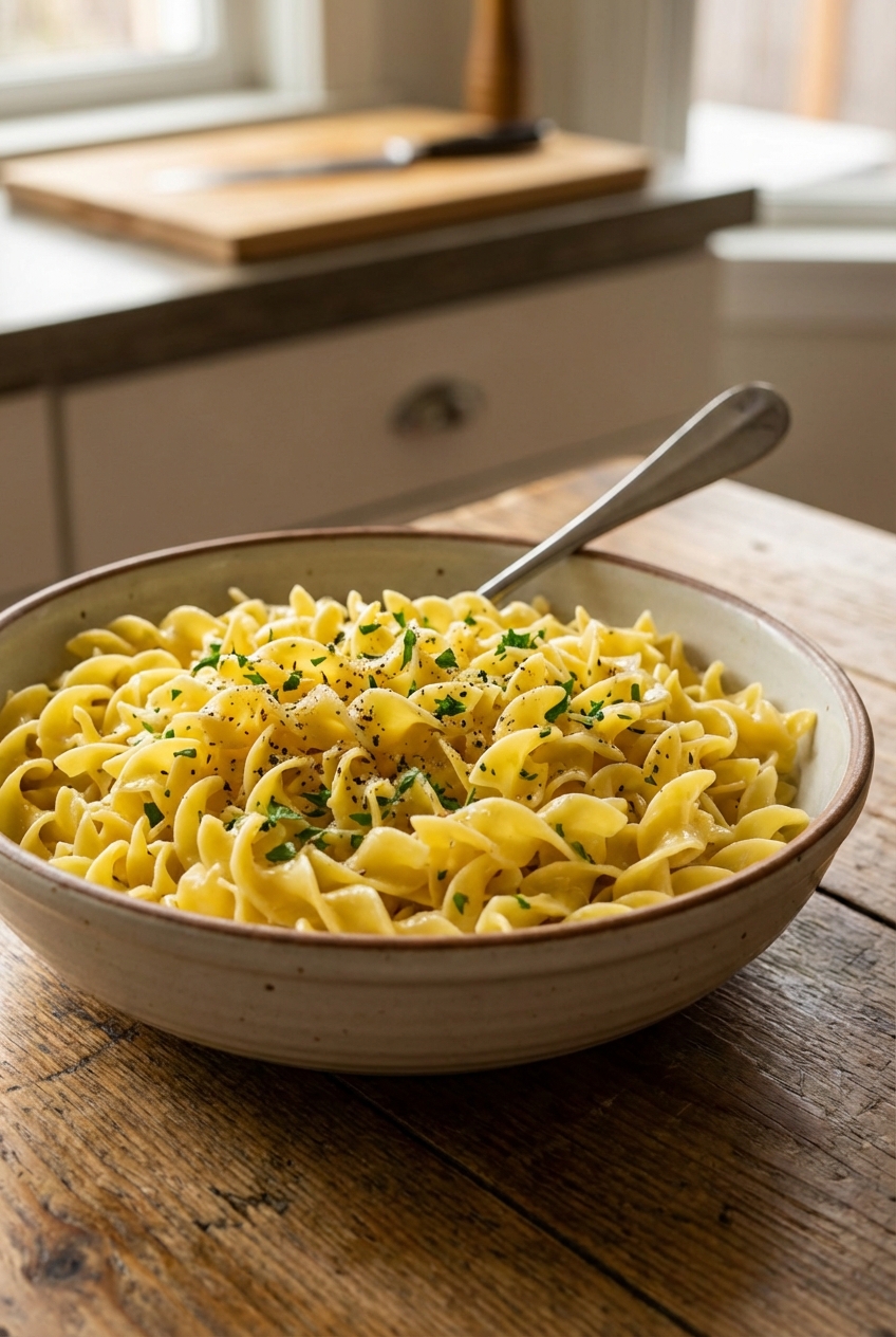 Buttered egg noodles in a serving bowl