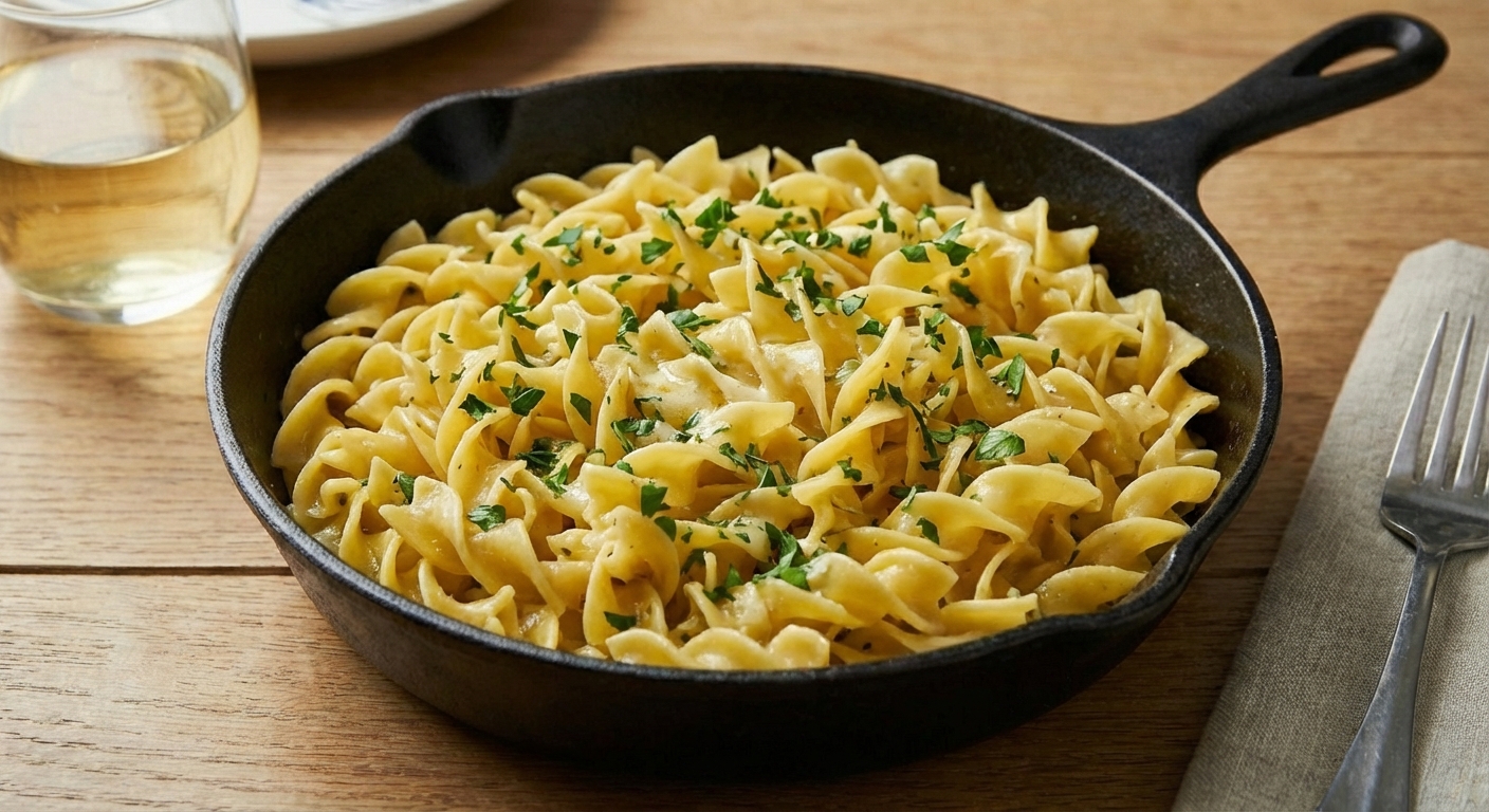 Buttered egg noodles in a skillet with chopped parsley
