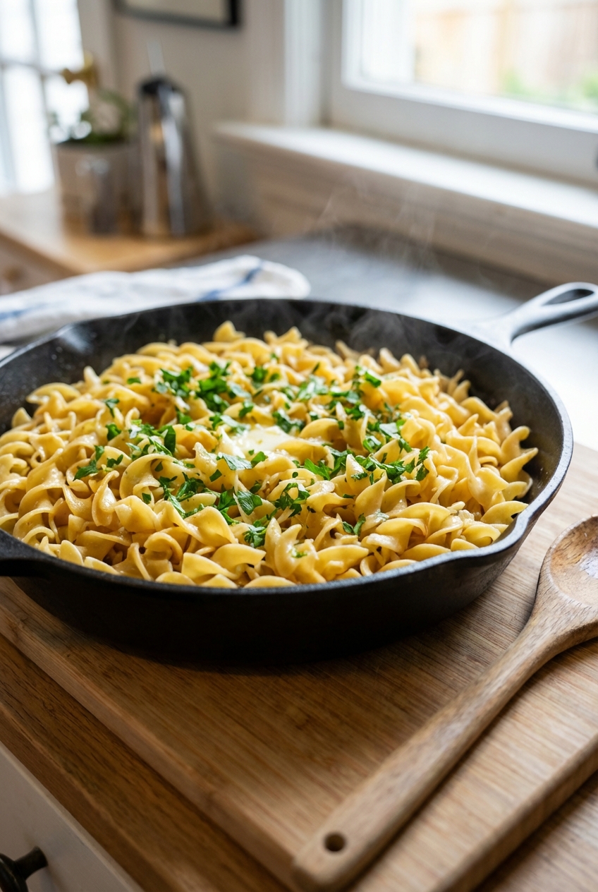 Buttered egg noodles in a skillet with chopped parsley