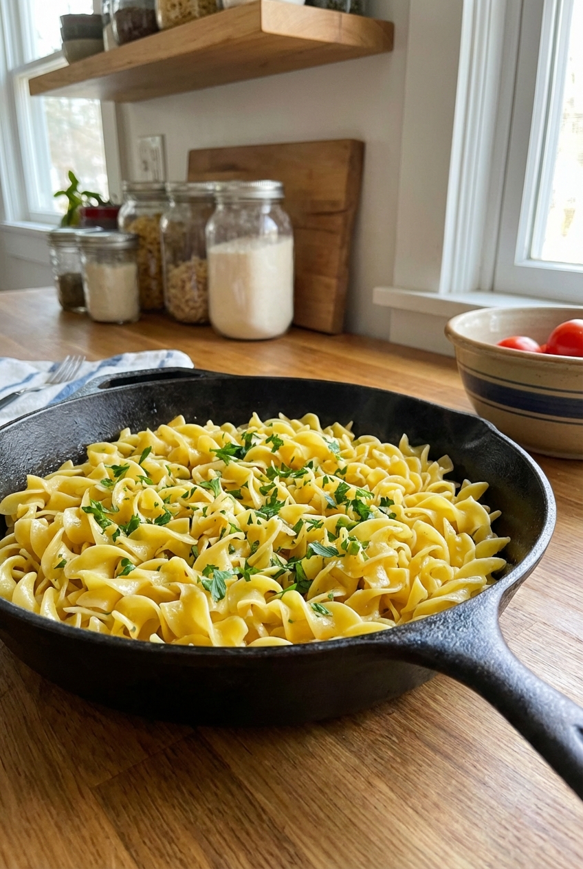 Buttered egg noodles in a skillet with parsley