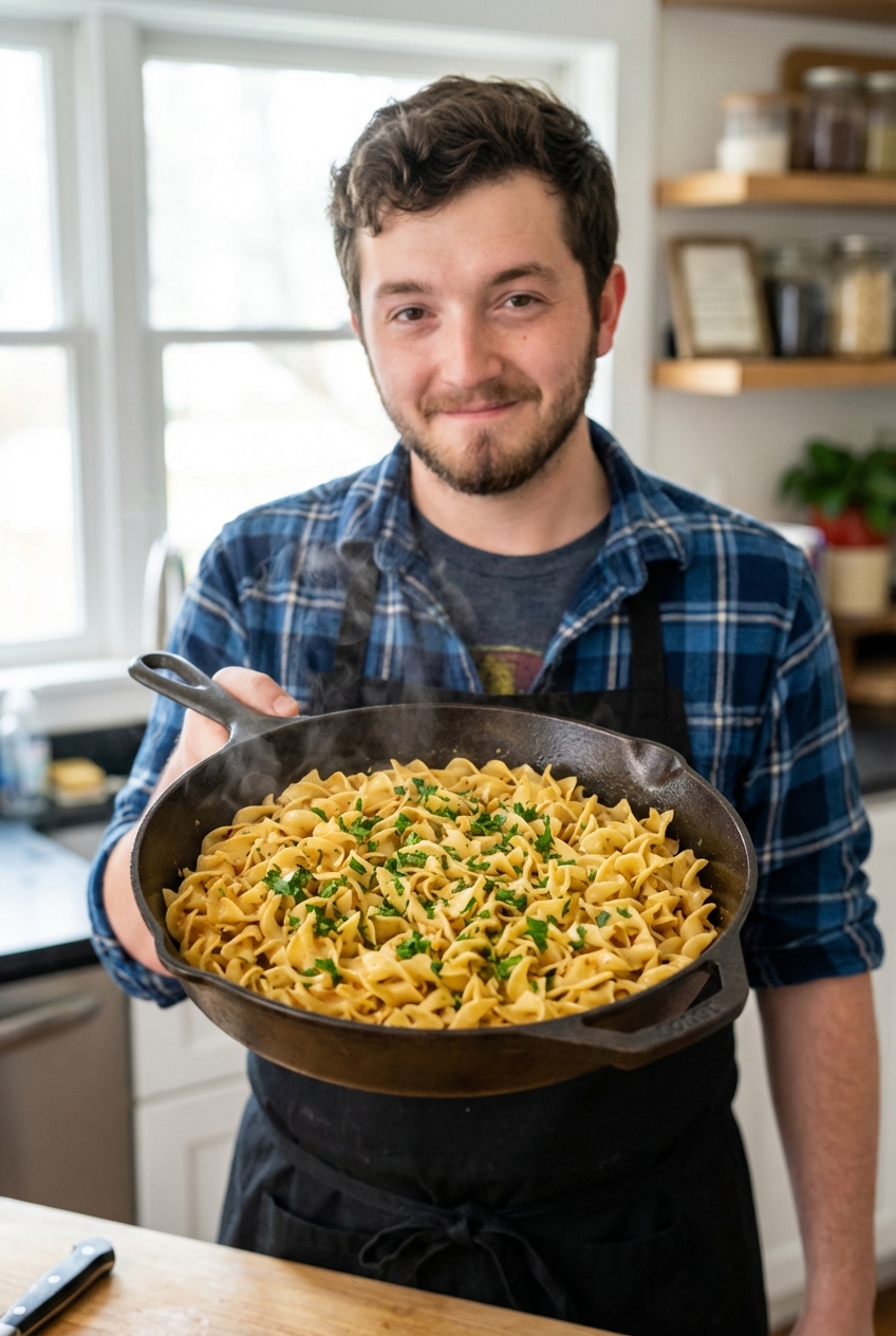 Buttered egg noodles in a skillet with parsley
