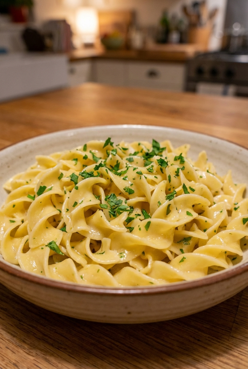 Buttered egg noodles in a warm bowl with chopped parsley