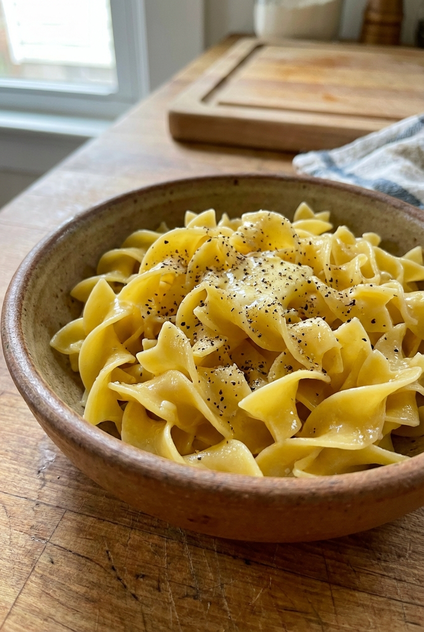 Buttered egg noodles in a warm ceramic bowl with black pepper on top