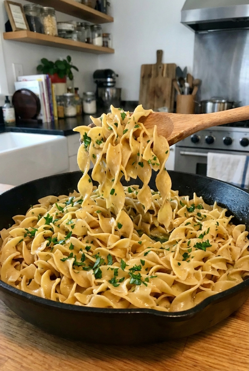 Buttered egg noodles tossed in a pan with parsley